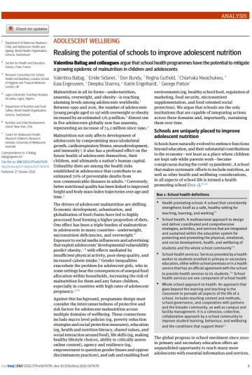 A page from a scientific journal discussing adolescent well-being and the role of schools in improving adolescent nutrition. The article highlights the need for school health programs to address malnutrition in various forms and outlines strategies to support adolescent development.