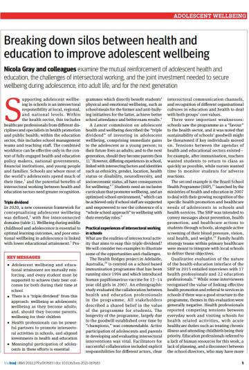 A page from a scientific journal exploring the importance of breaking down silos between health and education to enhance adolescent well-being. The article discusses intersectoral collaboration, challenges in integrated adolescent support, and strategies to improve both health and education outcomes. Key messages emphasize the mutual benefits of health and education working together.