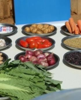 Various fresh vegetables and items displayed on a table.