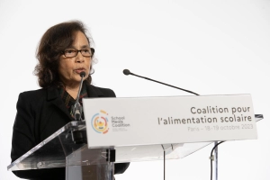 Ambassador and Secretary-General of Foreign Affairs, Maria Laura da Rocha, speaking at the School Meals Coalition First Global Summit in Paris.