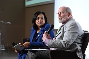 WFP Deputy Executive Director, Valerie Guarnieri in conversation with the Research Consortium Director, Professor Donald Bundy at the School Meals Coalition First Global Summit in Paris. 